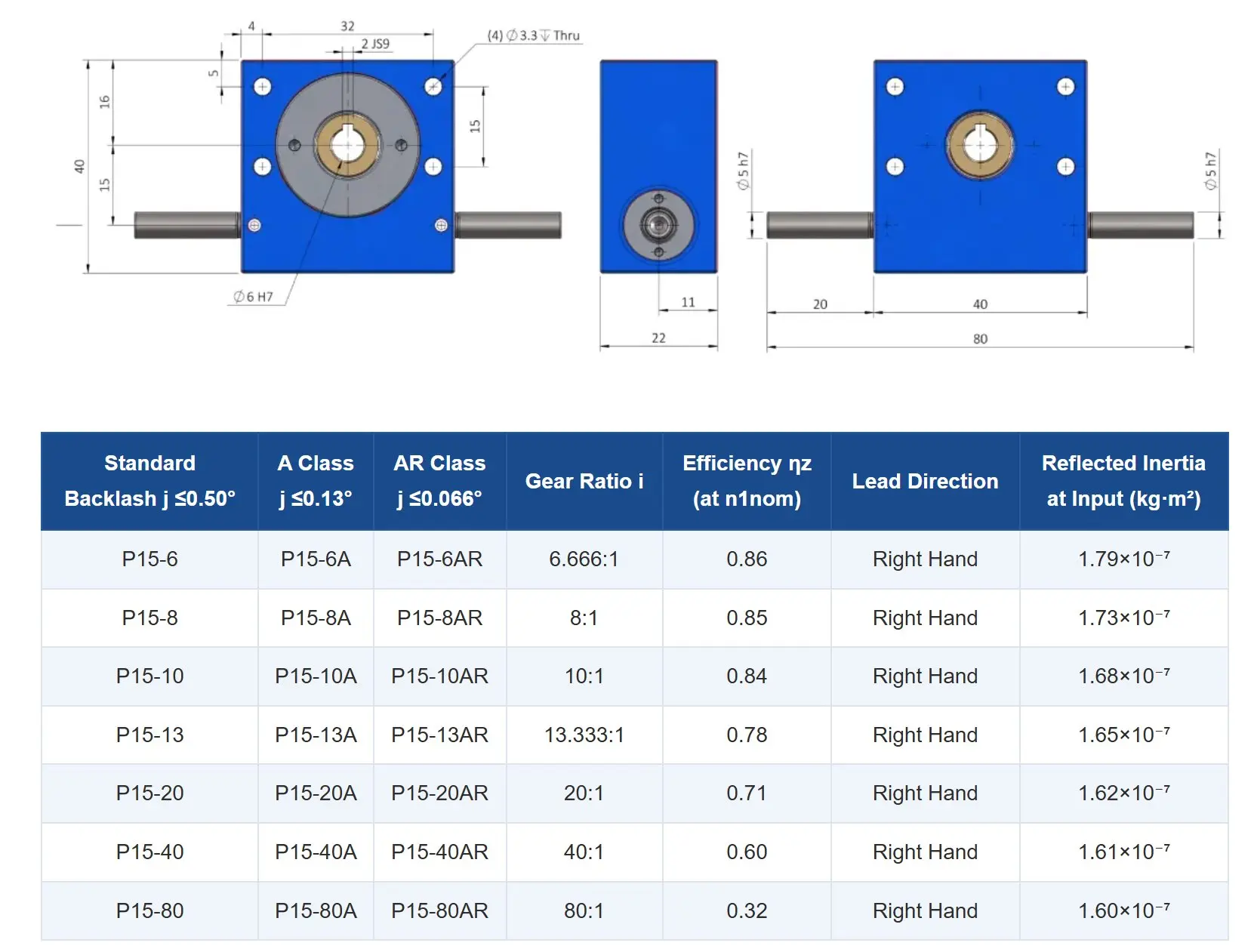 P15 Series Worm gear reducer Dimensions