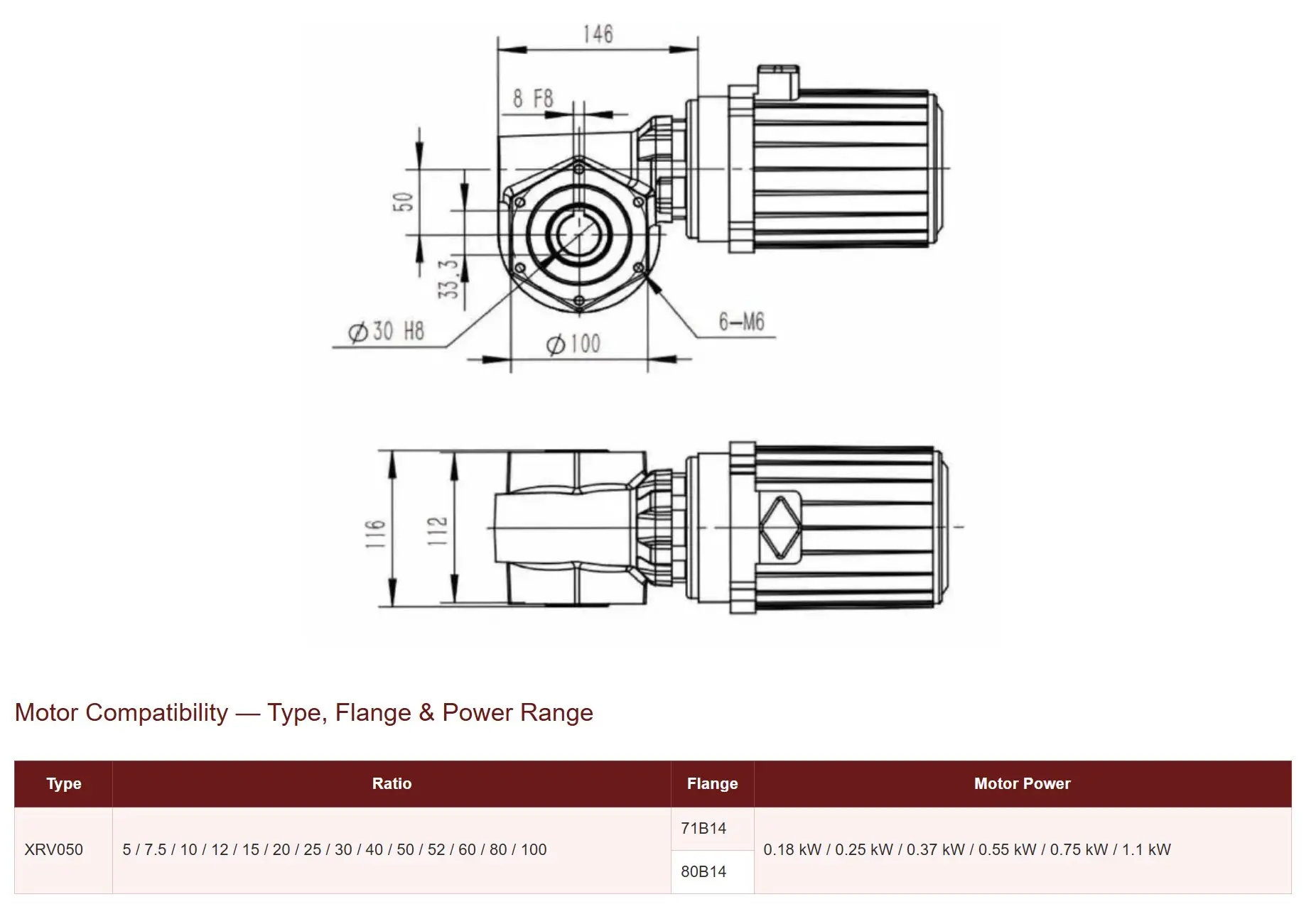 XRV050 Worm gear reducer dimension